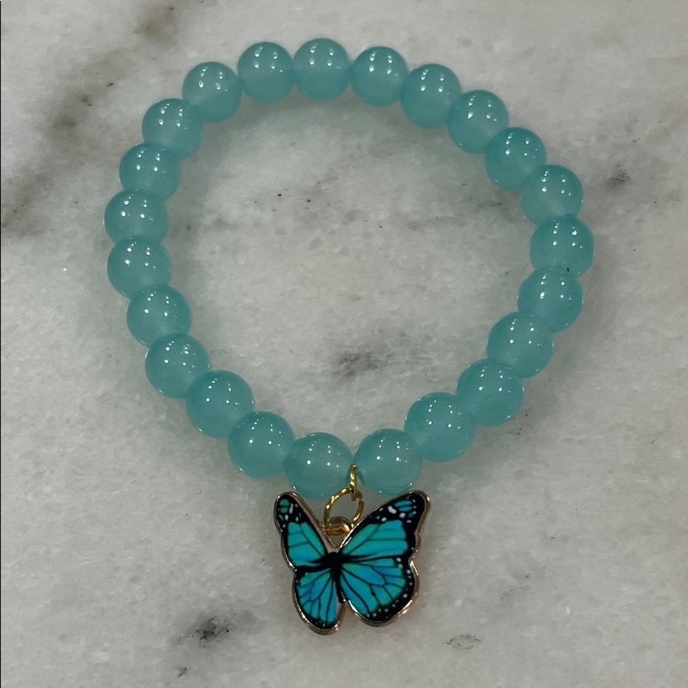 Aqua Beaded Bracelet with Butterfly Charm